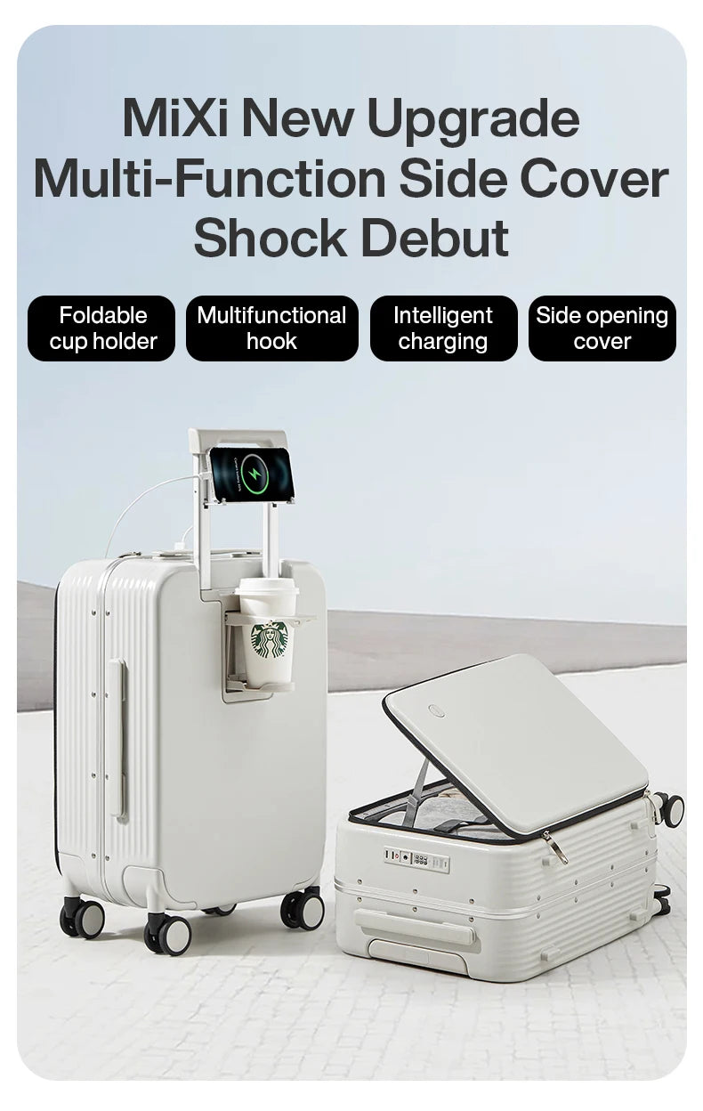 Aluminum Frame Suitcase Carry On Rolling Luggage with USB Port Boarding Cabin Cup and Phone Holder