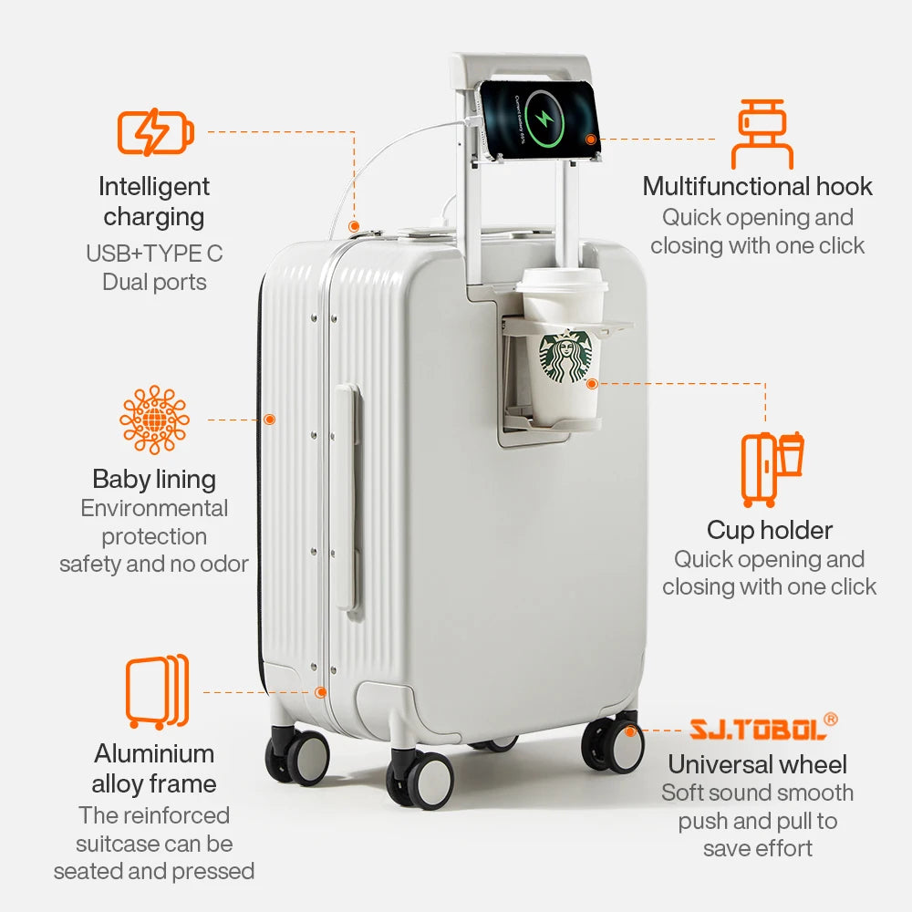 Aluminum Frame Suitcase Carry On Rolling Luggage with USB Port Boarding Cabin Cup and Phone Holder