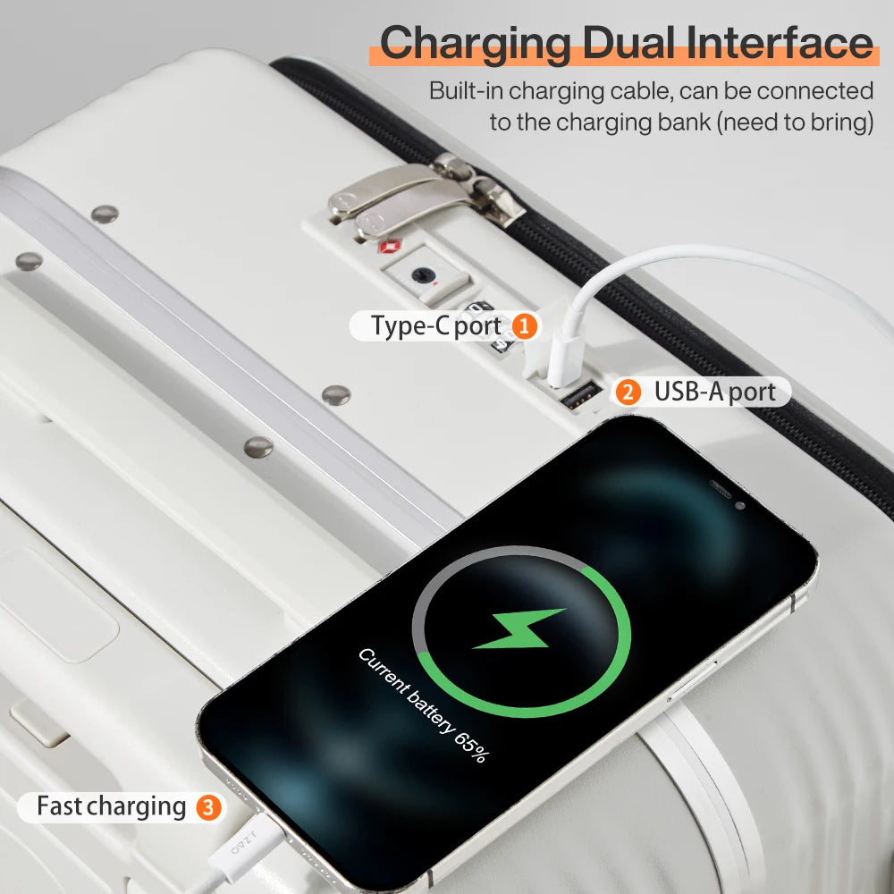 Aluminum Frame Suitcase Carry On Rolling Luggage with USB Port Boarding Cabin Cup and Phone Holder