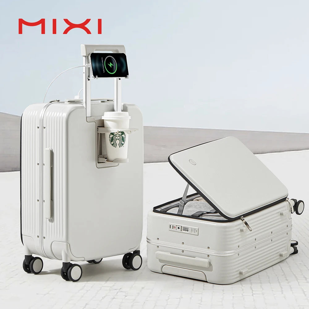 Aluminum Frame Suitcase Carry On Rolling Luggage with USB Port Boarding Cabin Cup and Phone Holder