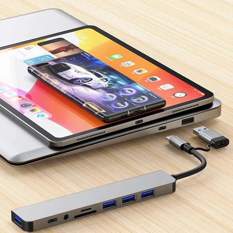 8 in 2 USB Type C HUB Docking Station with 3.5mm Audio Jack Adapter Micro SD Card Reader L