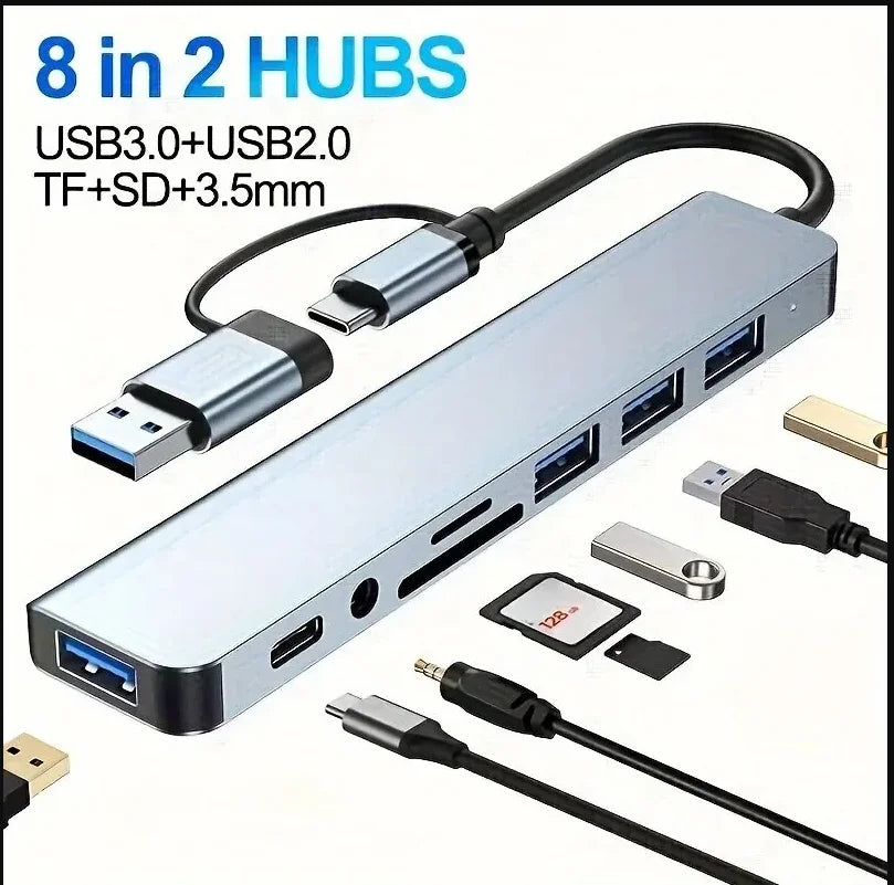 8 in 2 USB Type C HUB Docking Station with 3.5mm Audio Jack Adapter Micro SD Card Reader L