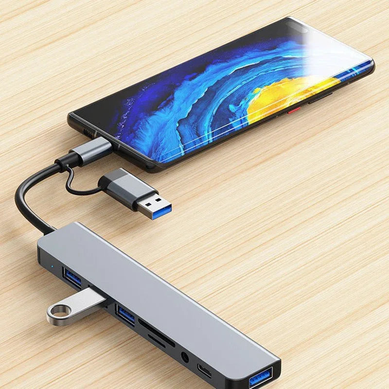 8 in 2 USB Type C HUB Docking Station with 3.5mm Audio Jack Adapter Micro SD Card Reader L