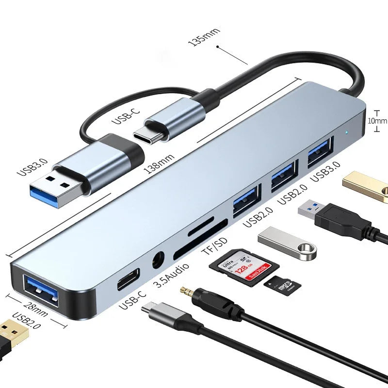 8 in 2 USB Type C HUB Docking Station with 3.5mm Audio Jack Adapter Micro SD Card Reader L