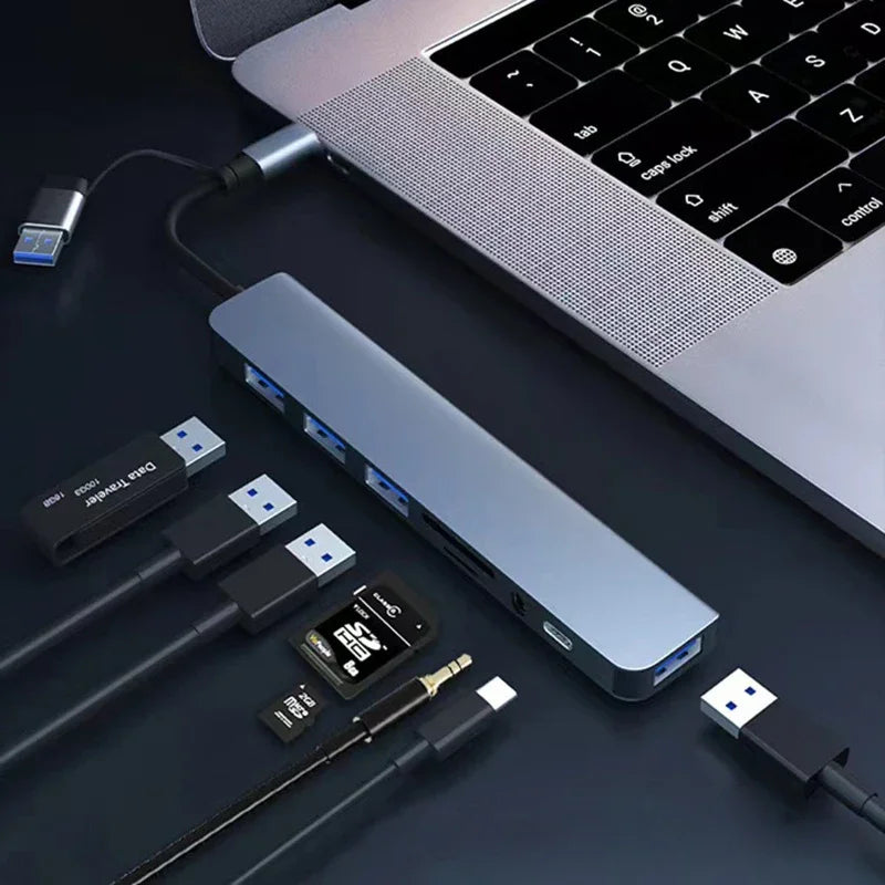 8 in 2 USB Type C HUB Docking Station with 3.5mm Audio Jack Adapter Micro SD Card Reader L