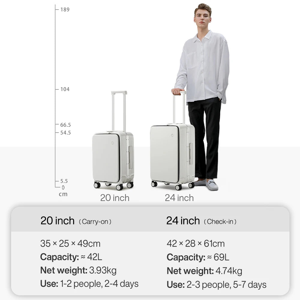 Aluminum Frame Suitcase Carry On Rolling Luggage with USB Port Boarding Cabin Cup and Phone Holder